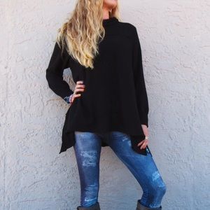Inky Black Mock Neck Feather Sided Tunic Sweater